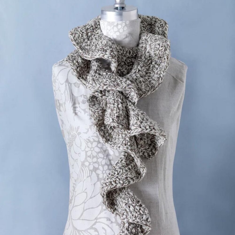 Wool Ruffle Scarf in Tweed Yarn Cream and Brown Handmade